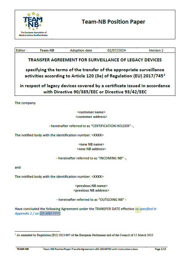 Team-NB clarifies transfer of surveillance for legacy devices under MDR Article 120