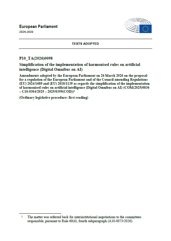European Parliament Adopts Amendments to Simplify AI Act Implementation (“Digital Omnibus on AI”)