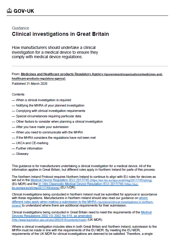 MHRA Updates Guidance on Clinical Investigations in Great Britain: Key Implications for Manufacturers
