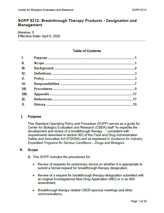 FDA Updates SOPP 8212 on Breakthrough Therapy Designation for Biologics