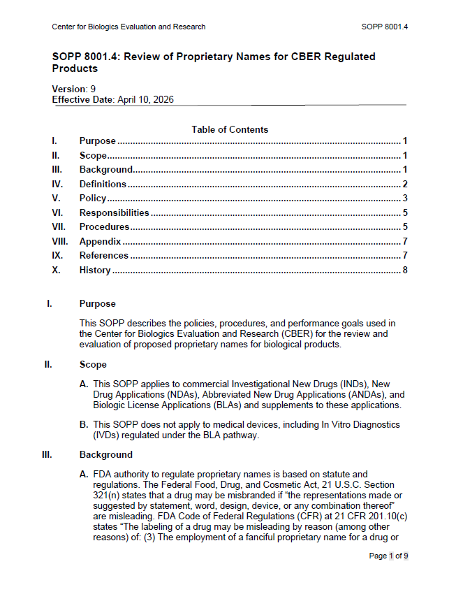 FDA Updates SOPP 8001.4 on Proprietary Name Review for Biologics