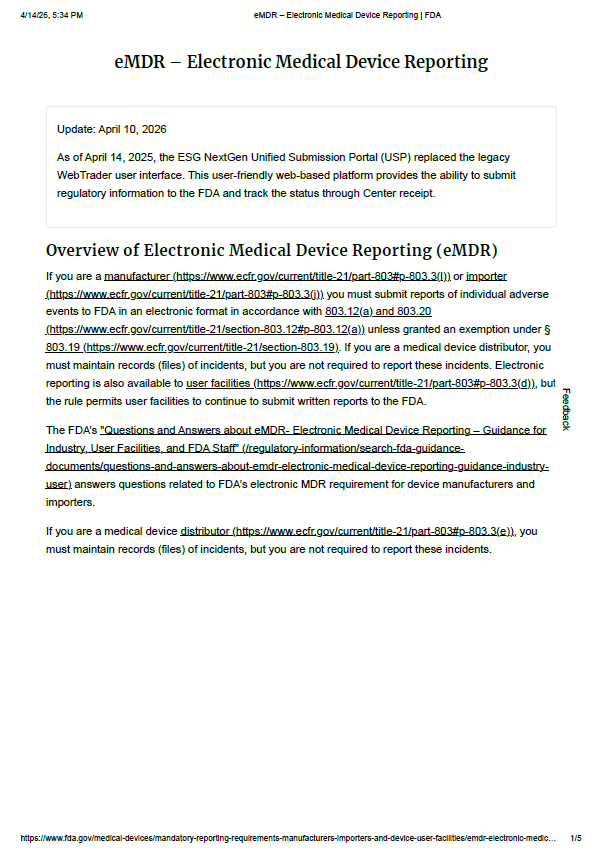 FDA Updates eMDR Framework with ESG NextGen Submission Portal