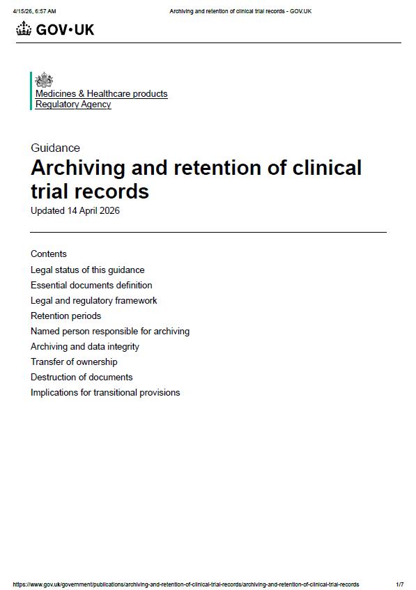 MHRA Updates Guidance on Archiving and Retention of Clinical Trial Records