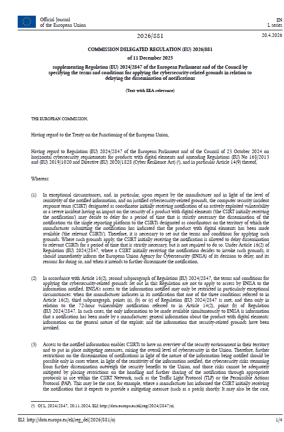 EU Defines Conditions for Delaying Cybersecurity Notifications under the Cyber Resilience Act