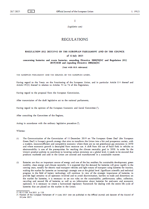 EU Batteries Regulation (EU) 2023/1542: Ongoing Implementation and Considerations for Manufacturers