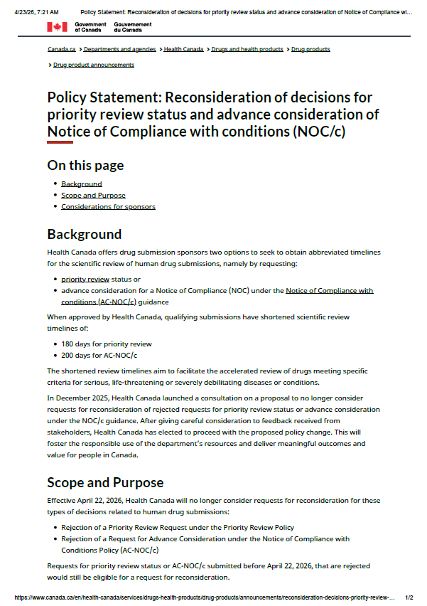 Health Canada Ends Reconsideration Path for Priority Review and NOC/c Decisions