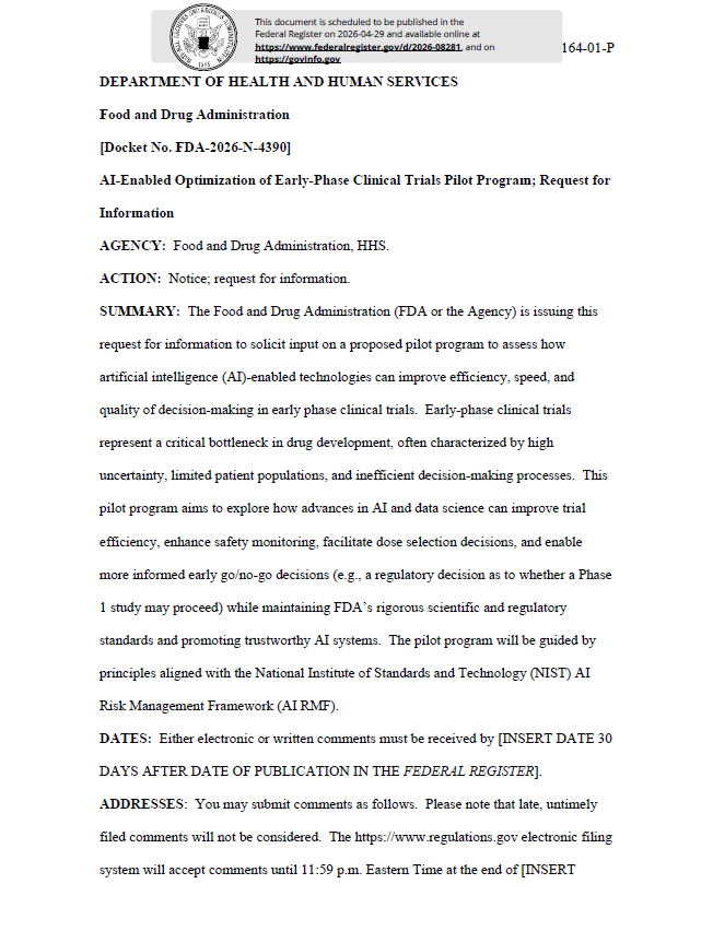 FDA launches consultation on AI use in early-phase clinical trials