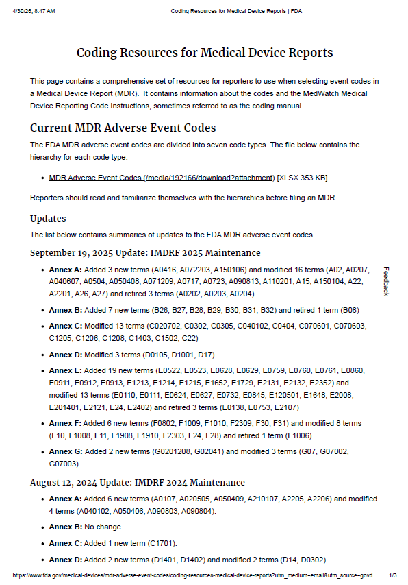 FDA Updates Coding Resources for Medical Device Reports: Key Changes from IMDRF 2025 Maintenance