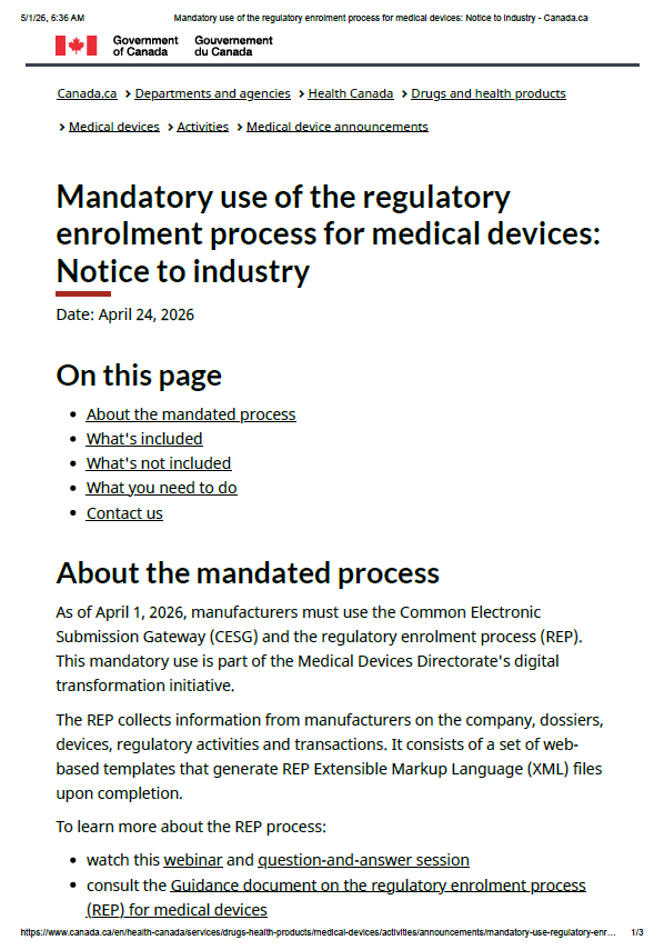 Health Canada Mandates the Use of REP for Medical Device Submissions
