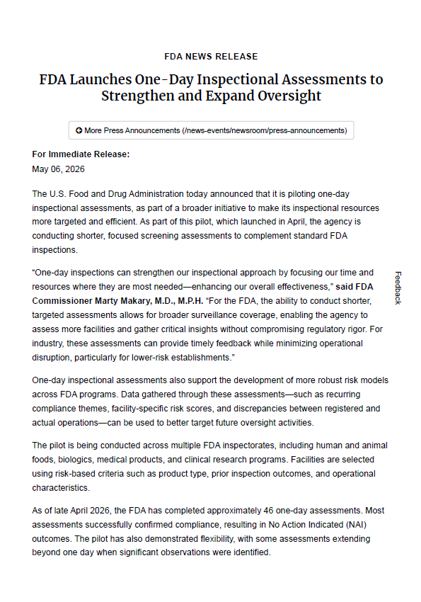 FDA Launches One-Day Inspectional Assessments Pilot