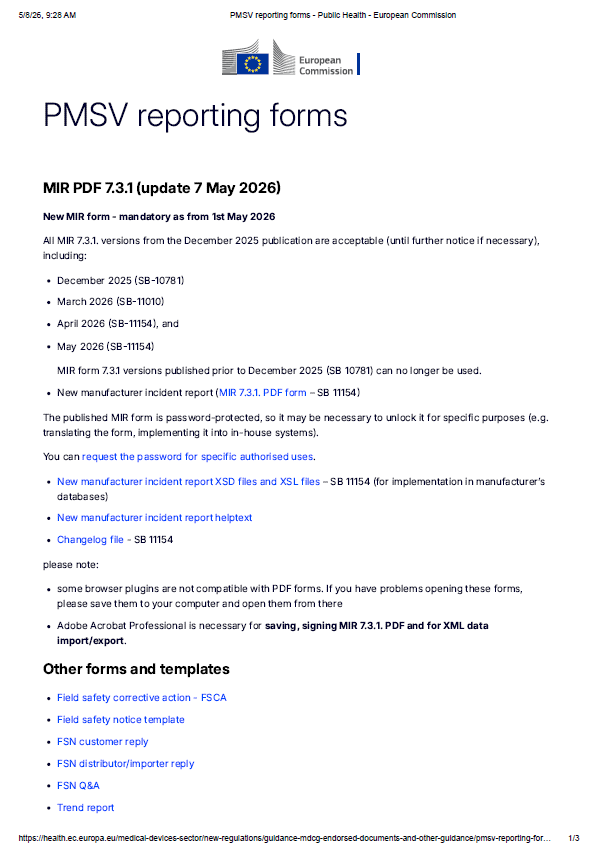 European Commission Updates MIR 7.3.1 Vigilance Reporting Forms