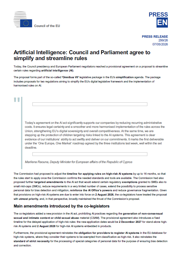 EU Reaches Provisional Agreement to Simplify AI Act Implementation