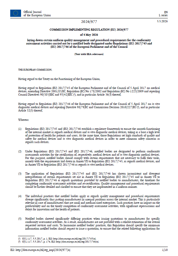European Commission Adopts New Rules for Notified Body Timelines, Quotations and Re-Certification Under MDR and IVDR