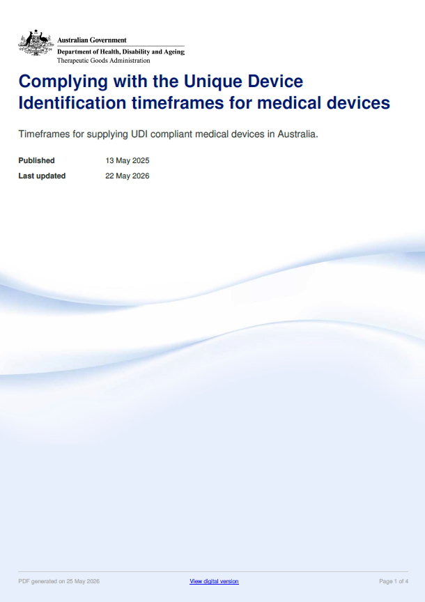Australia Updates Guidance on UDI Compliance Timeframes for Medical Devices