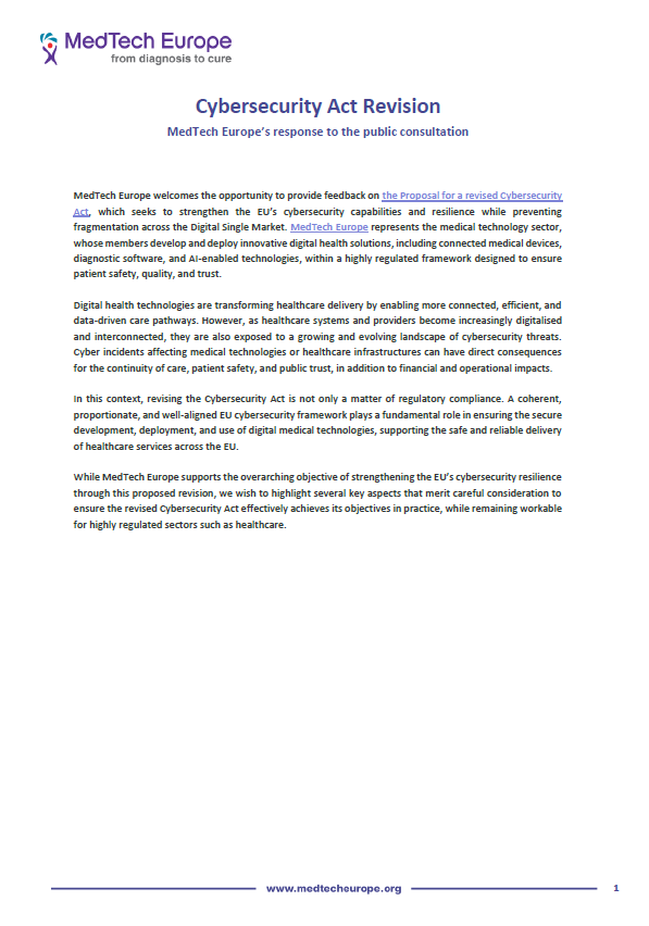 MedTech Europe Responds to Consultation on the Revision of the EU Cybersecurity Act