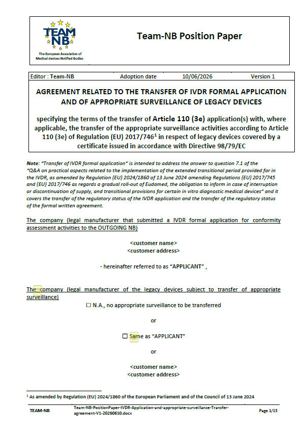 Team-NB Publishes Position Paper on the Transfer of IVDR Applications and Legacy Device Surveillance Between Notified Bodies