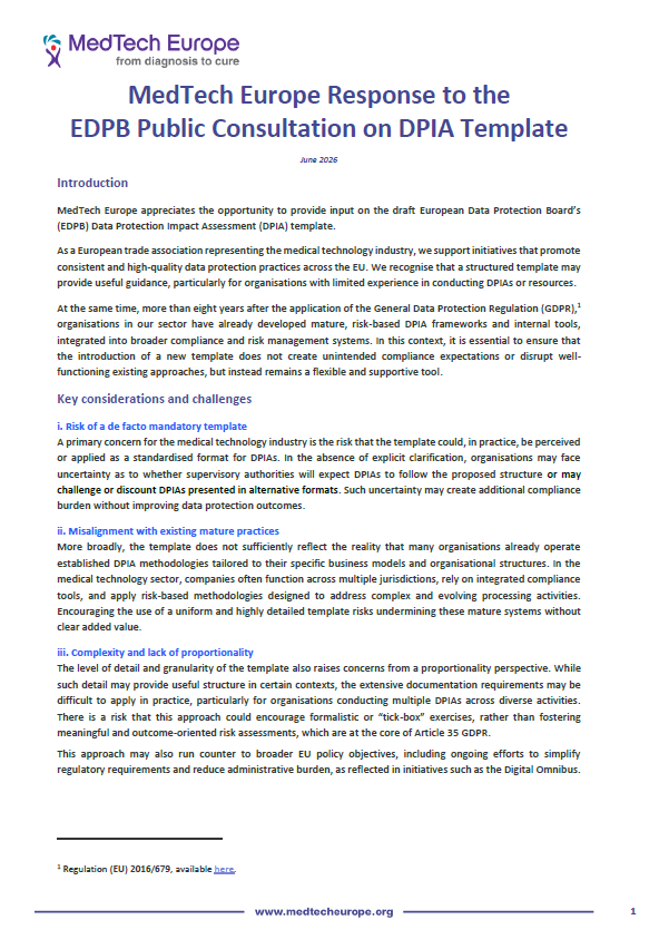 MedTech Europe Calls for Clarification on EDPB’s Proposed DPIA Template