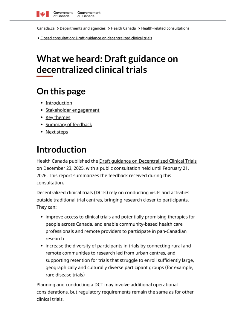 Health Canada summarizes feedback on Draft Guidance for Decentralized Clinical Trials