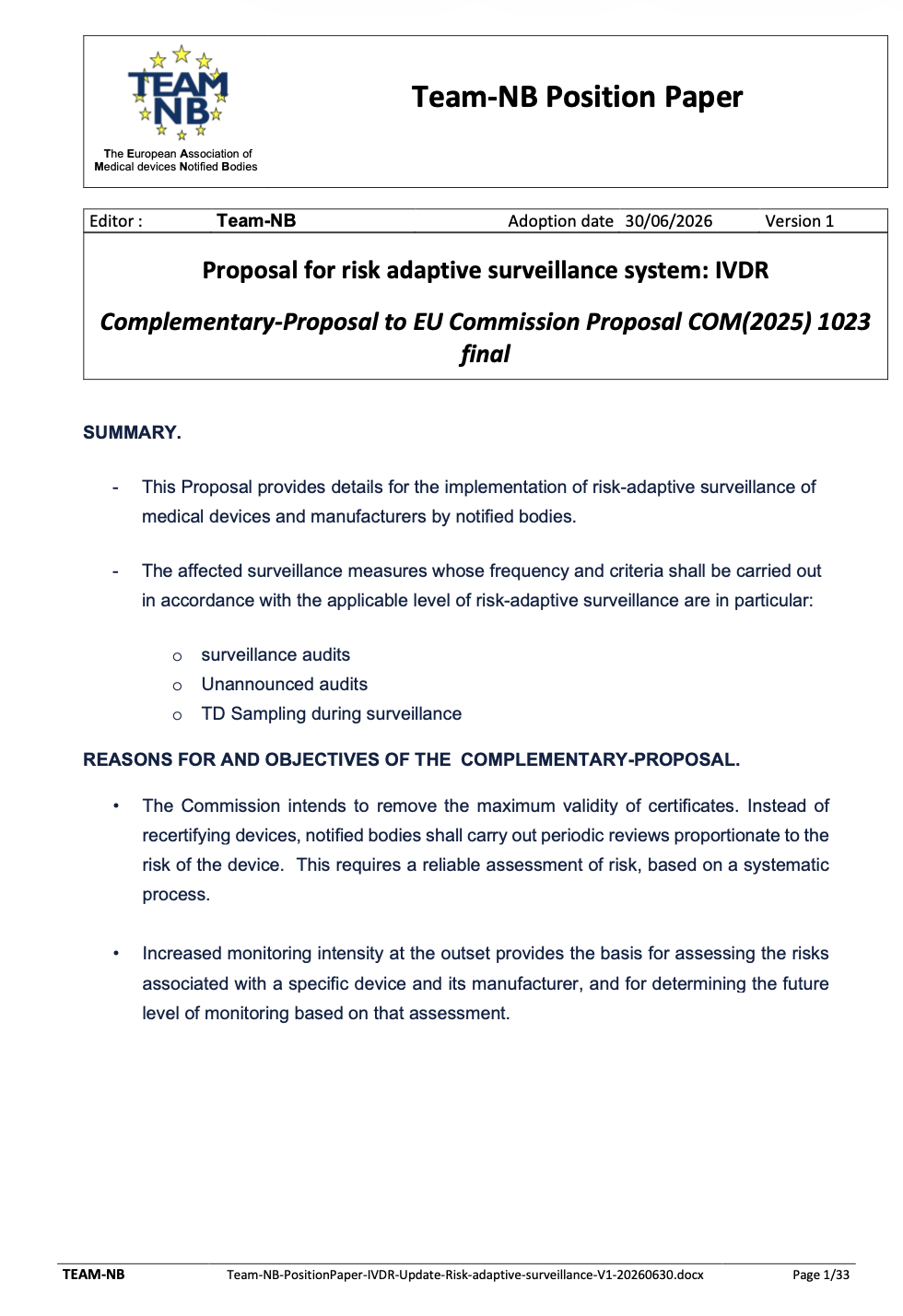 Team-NB Proposes Risk-Adaptive Surveillance System under the IVDR