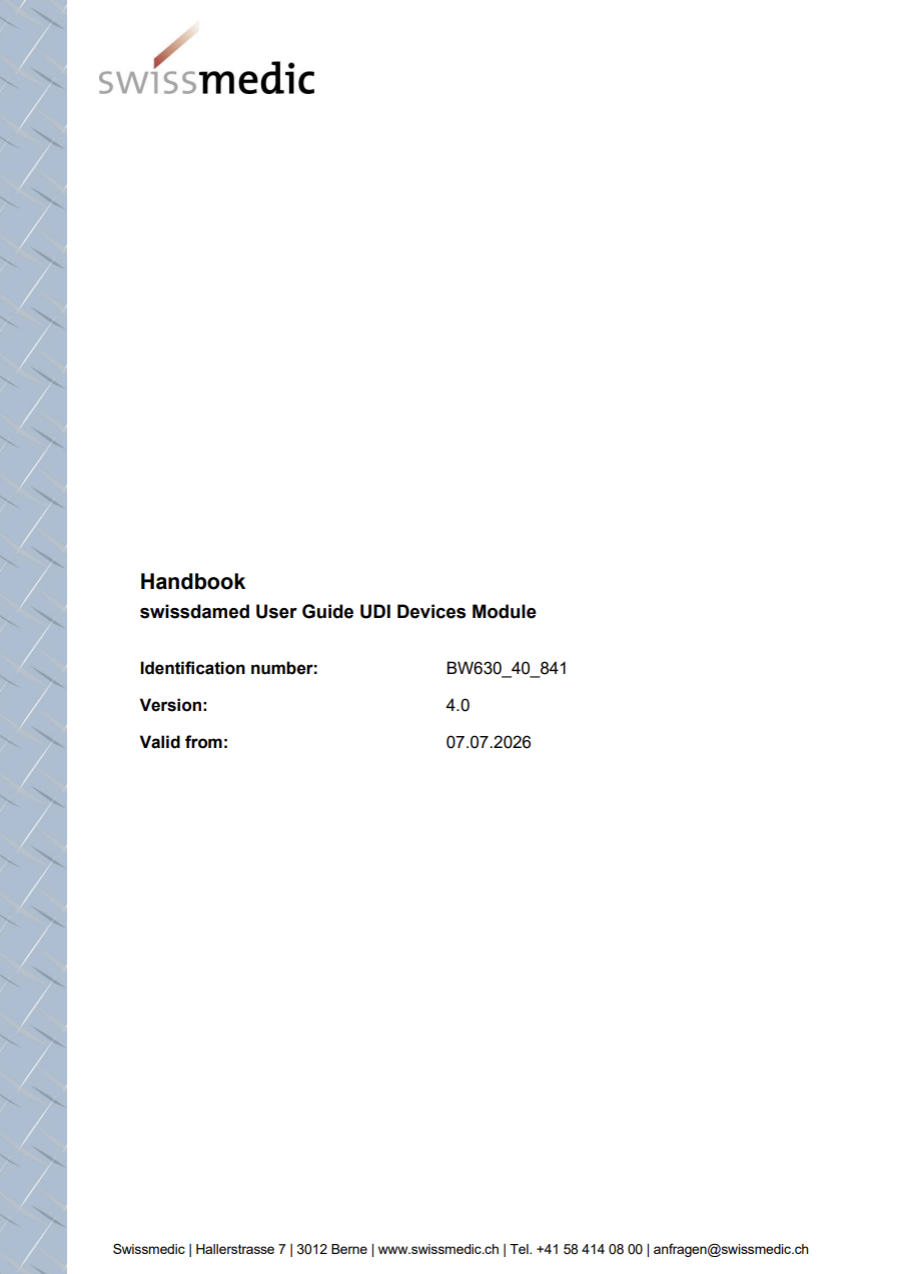 Swissmedic Updates swissdamed User Guide for the UDI Devices Module