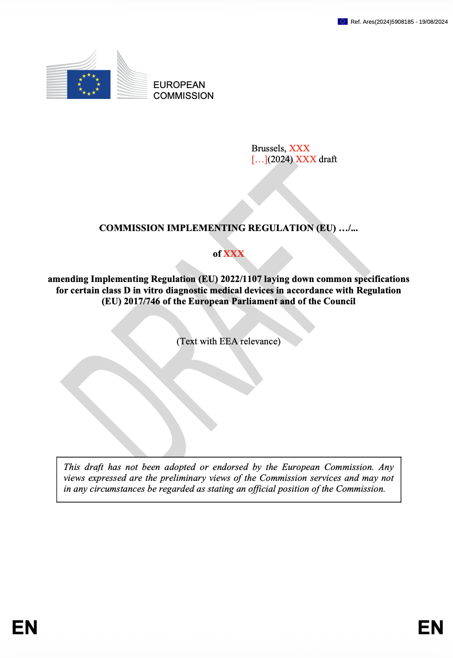 European Commission Drafts Updated Common Specifications for Certain Class D IVDs