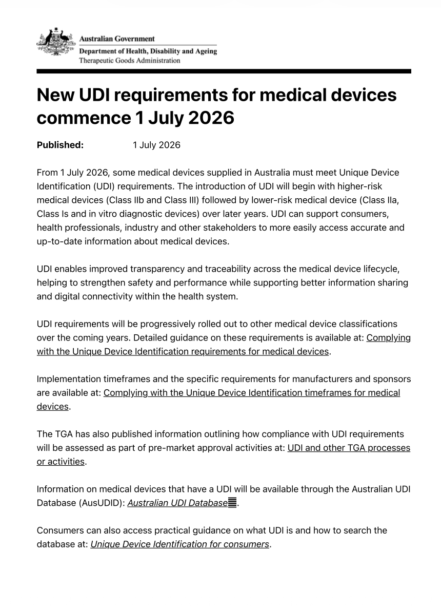 TGA UDI Requirements for Medical Devices Commence in Australia