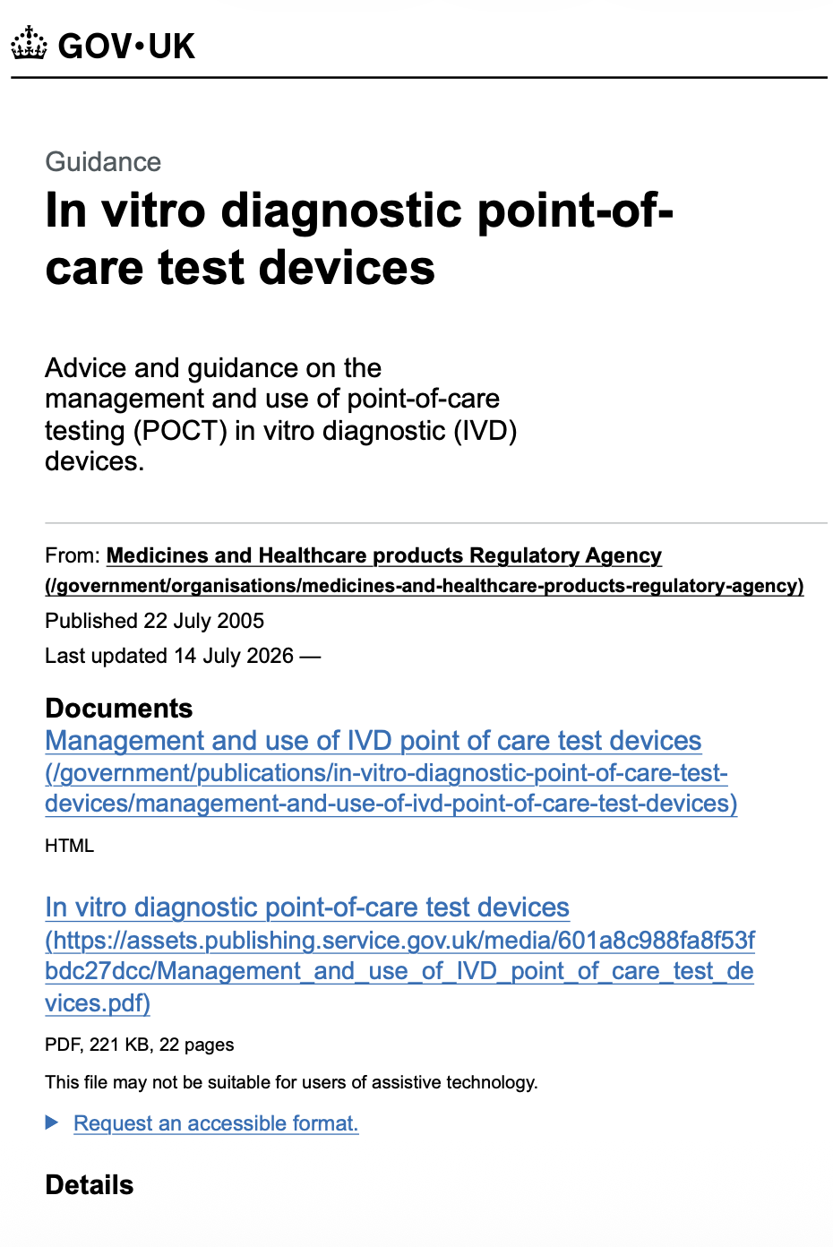 MHRA Updates Guidance on IVD Point-of-Care Test Devices