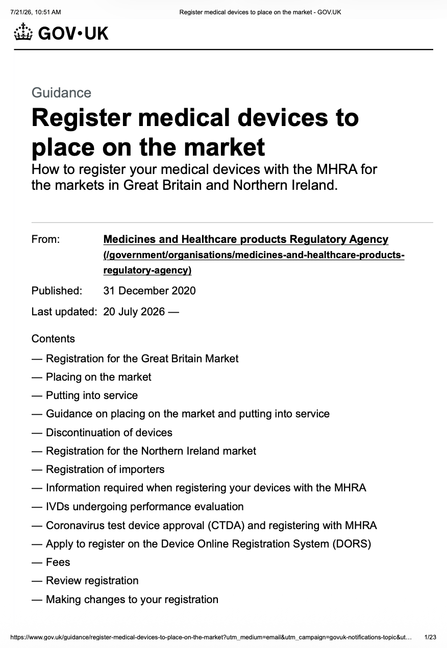 MHRA Updates Guidance on Registering Medical Devices for the UK Market