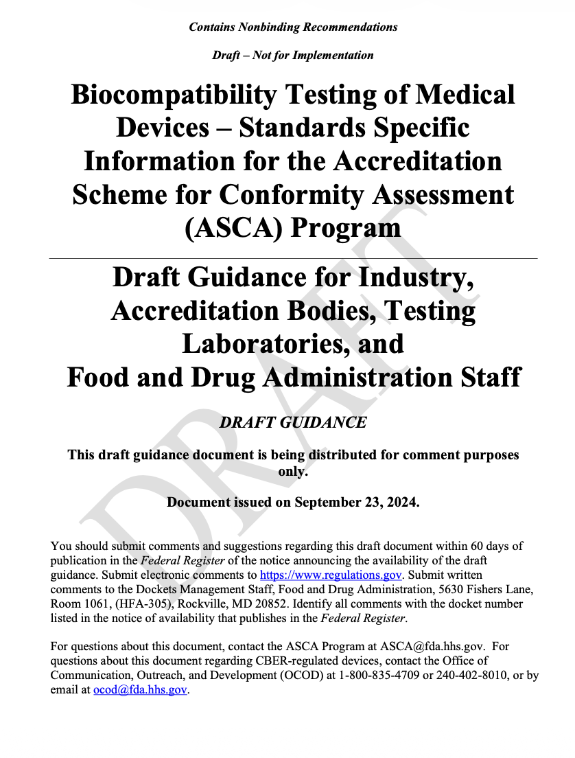 FDA Issues Draft Guidance on Biocompatibility Testing Under the ASCA Program