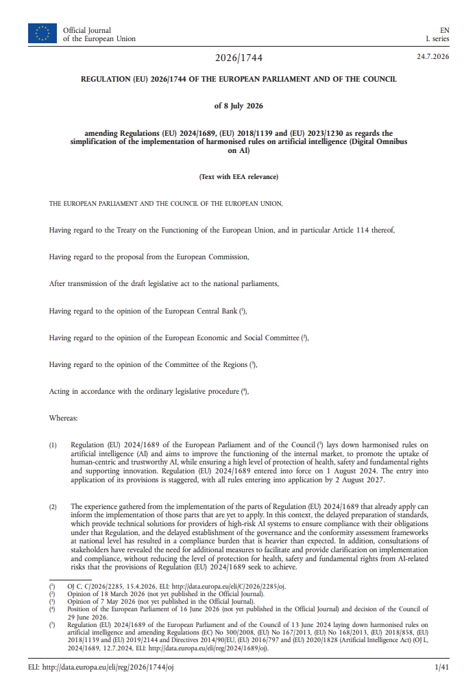 EU Publishes Regulation (EU) 2026/1744: The Digital Omnibus on Artificial Intelligence