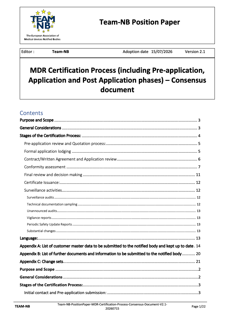 Team-NB Updates Consensus Position Paper on the MDR Certification Process