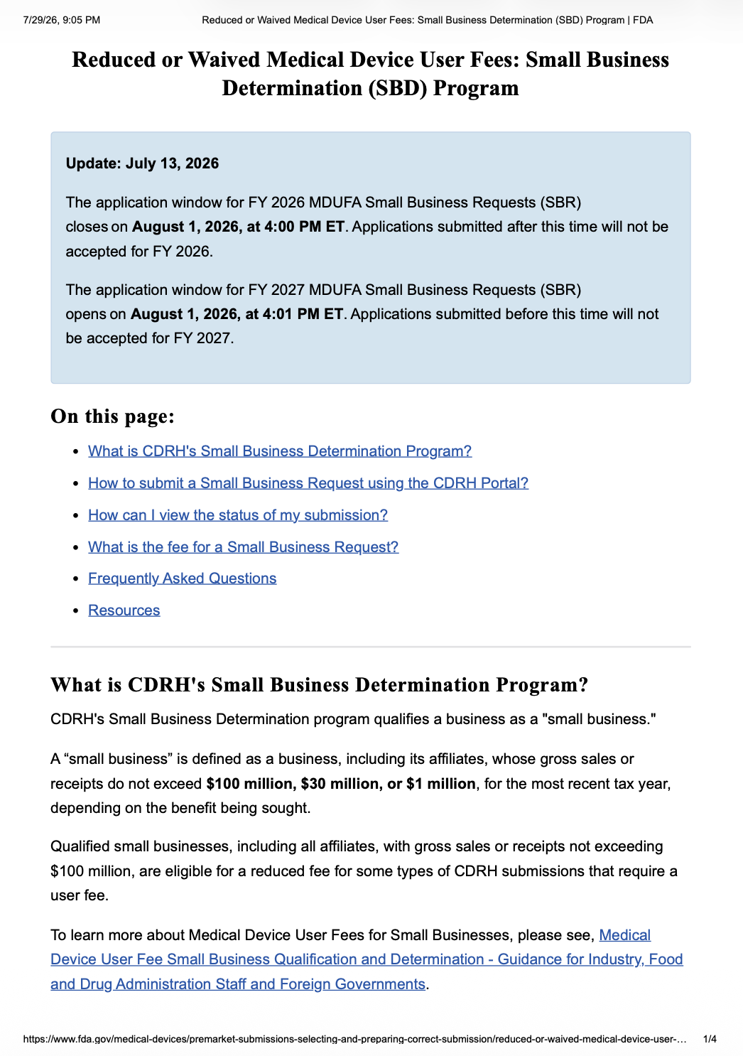FDA Announces Opening of FY2027 MDUFA Small Business Determination Window