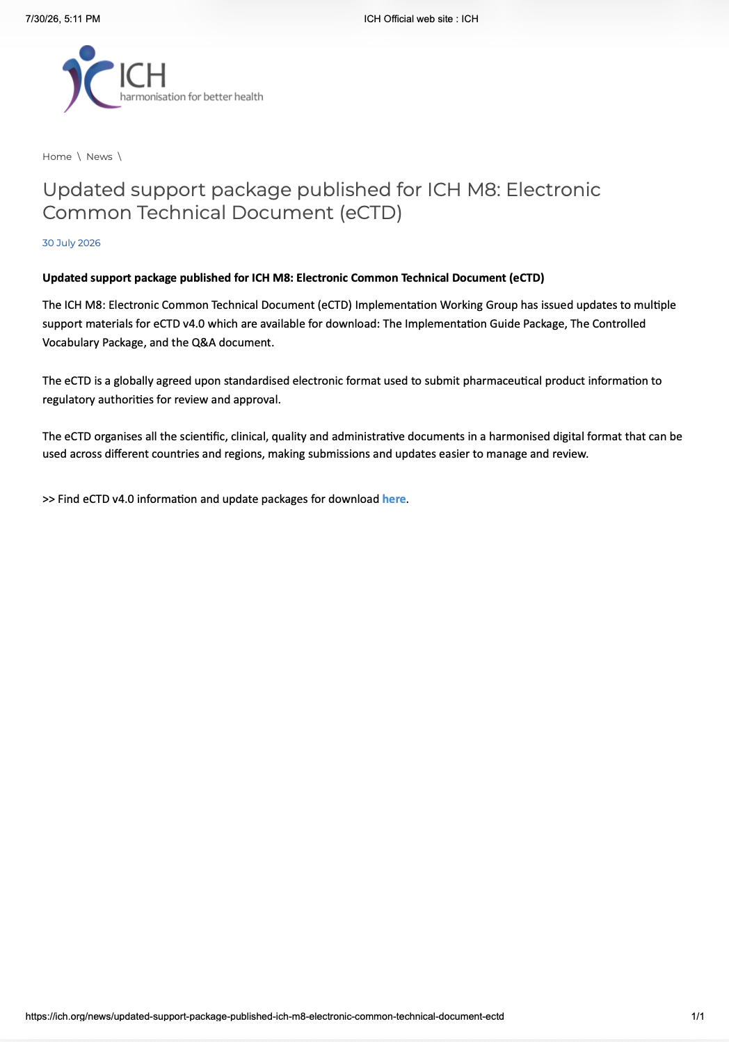ICH Publishes Updated Support Package for ICH M8 eCTD v4.0