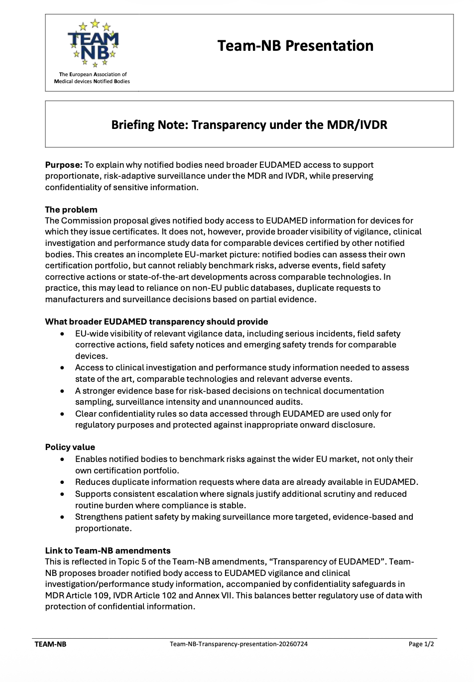 Team-NB Calls for Broader EUDAMED Transparency to Support Risk-Adaptive Surveillance