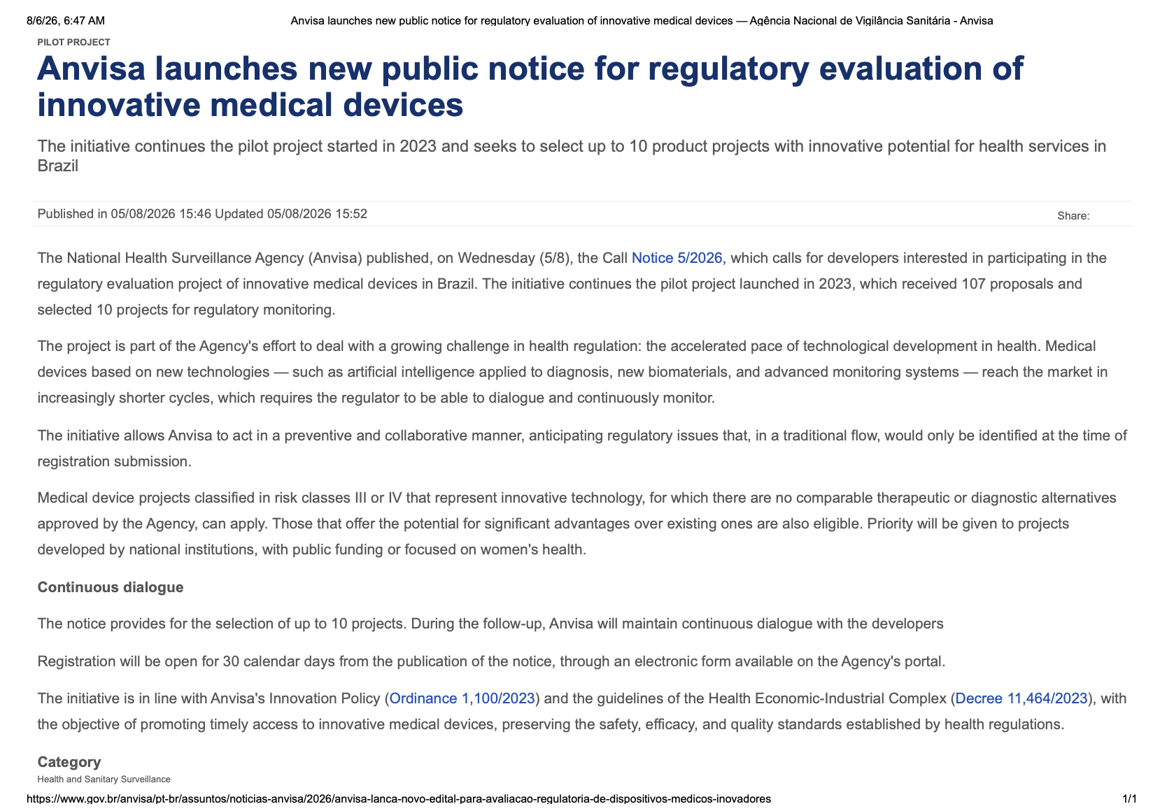 Anvisa Launches New Call for Regulatory Evaluation of Innovative Medical Devices