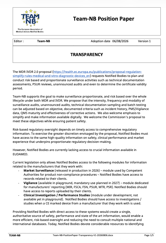 Team-NB Calls for Greater Transparency and EUDAMED Access for Notified Bodies