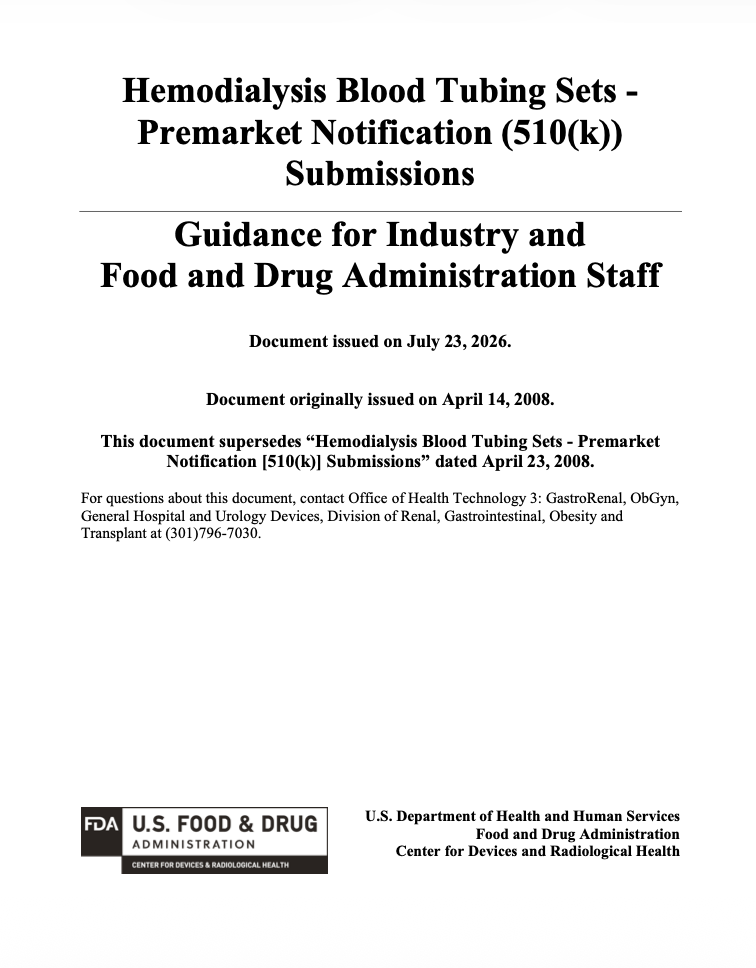 FDA Issues Updated Guidance on 510(k) Submissions for Hemodialysis Blood Tubing Sets