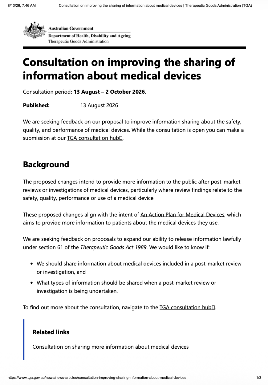 TGA Opens Consultation on Improving Information Sharing About Medical Devices
