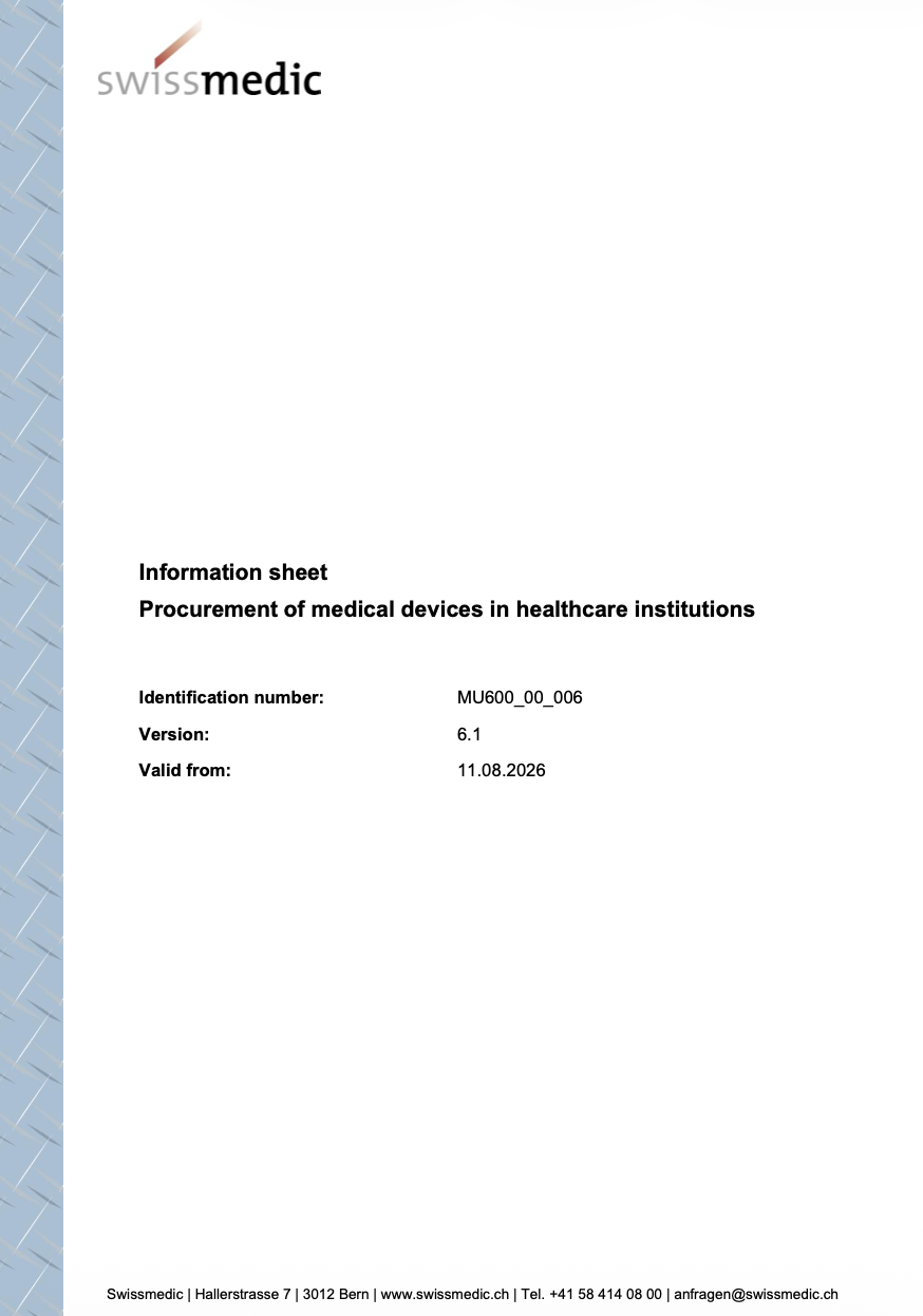 Swissmedic Updates Information Sheet on Procurement of Medical Devices in Healthcare Institutions