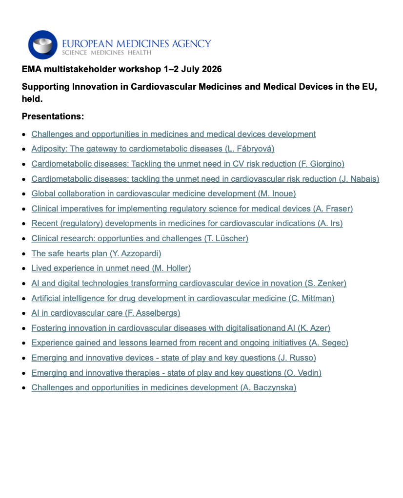 EMA Holds Multistakeholder Workshop on Innovation in Cardiovascular Medicines and Medical Devices