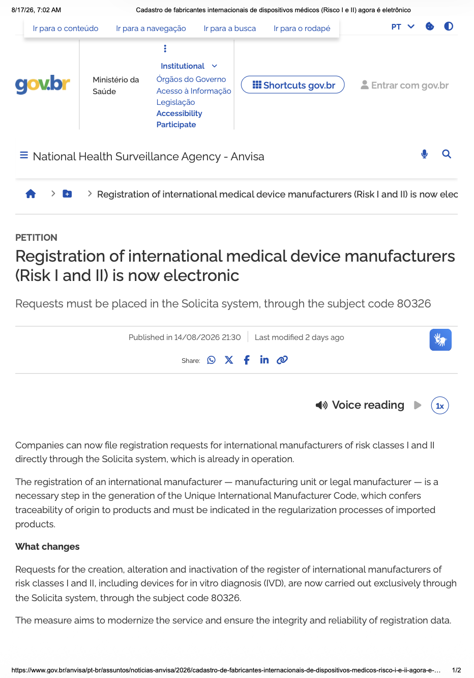 Anvisa Introduces Electronic Registration for International Manufacturers of Risk Class I and II Medical Devices