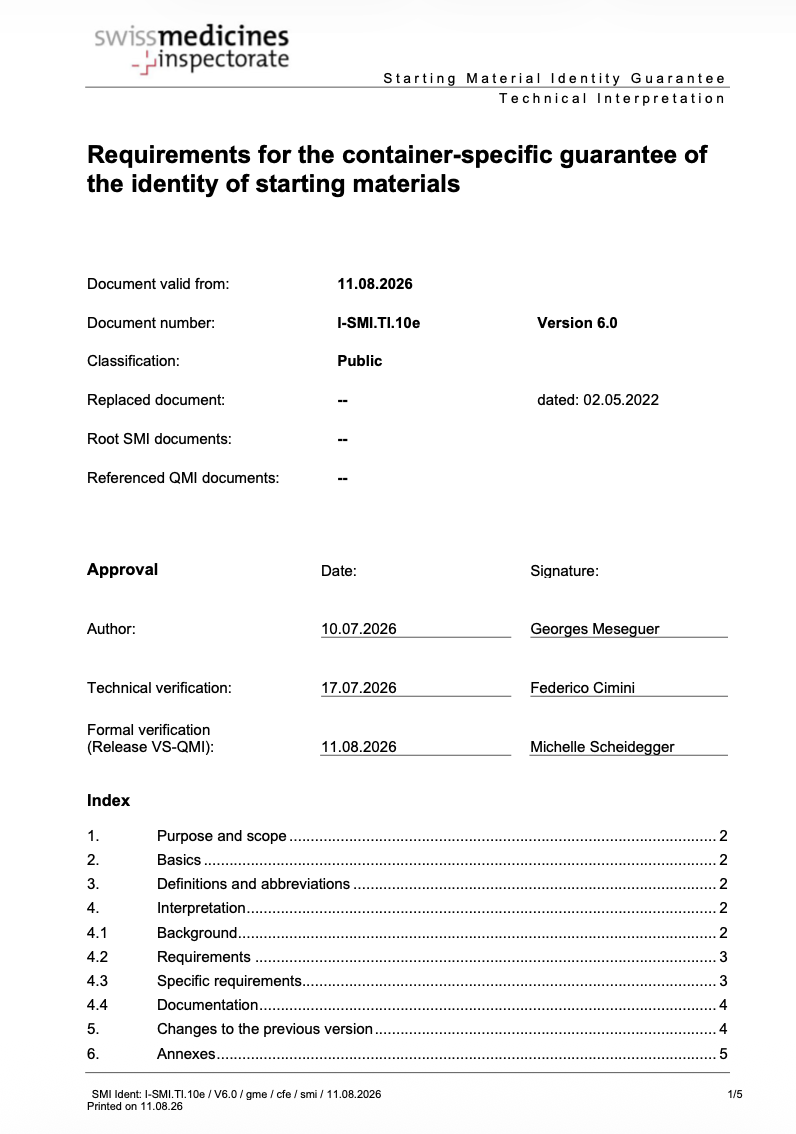 Swissmedic Updates Technical Interpretation on Container-Specific Identity Guarantee of Starting Materials