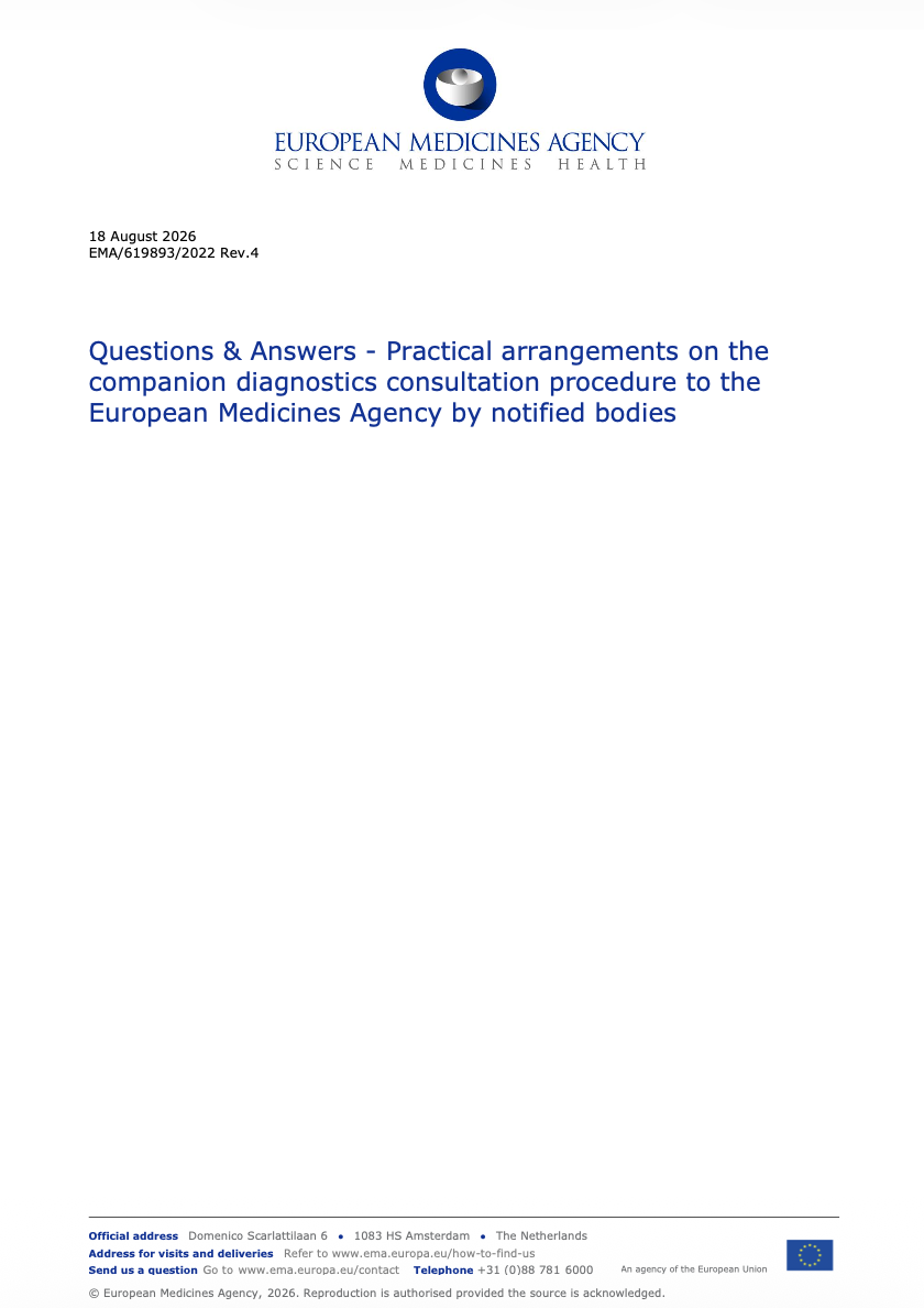 EMA Updates Q&amp;A on Companion Diagnostics Consultation Procedure for Notified Bodies