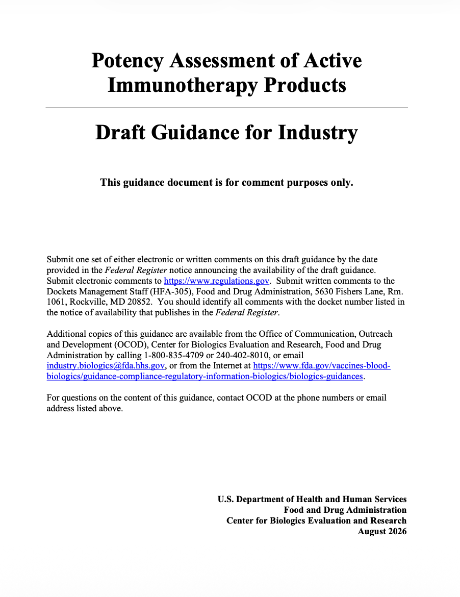 FDA Issues Draft Guidance on Potency Assessment of Active Immunotherapy Products