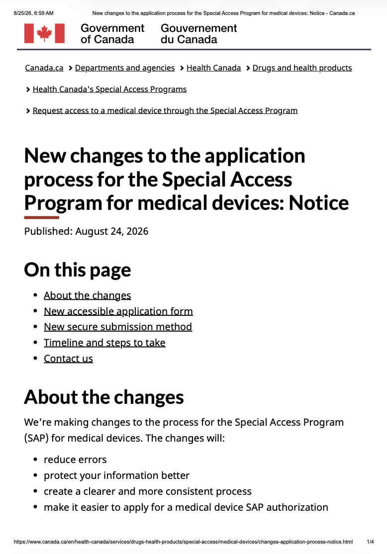 Health Canada Announces Changes to Special Access Program Application Process for Medical Devices