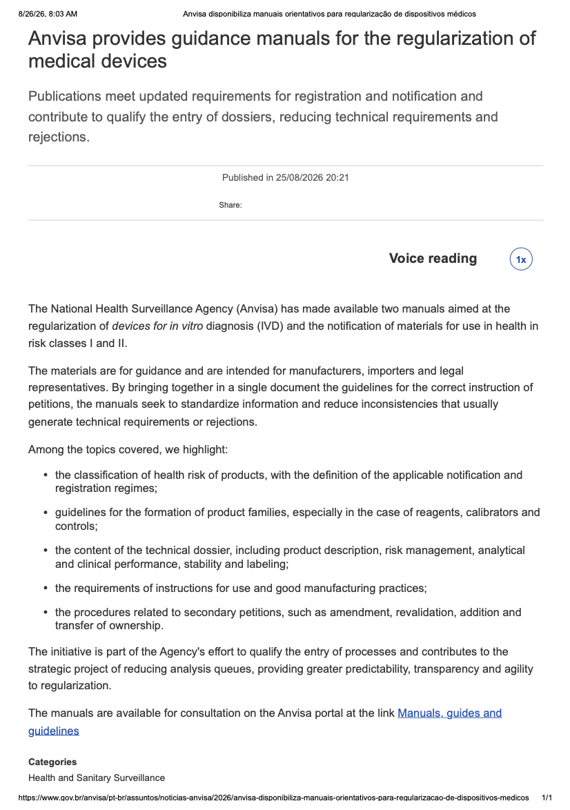 Anvisa Publishes Guidance Manuals for Medical Device Regularization
