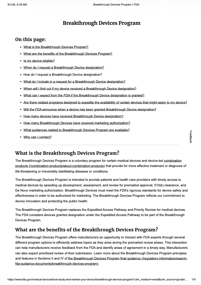 FDA Updates Breakthrough Devices Program Information and 2026 Designation Data