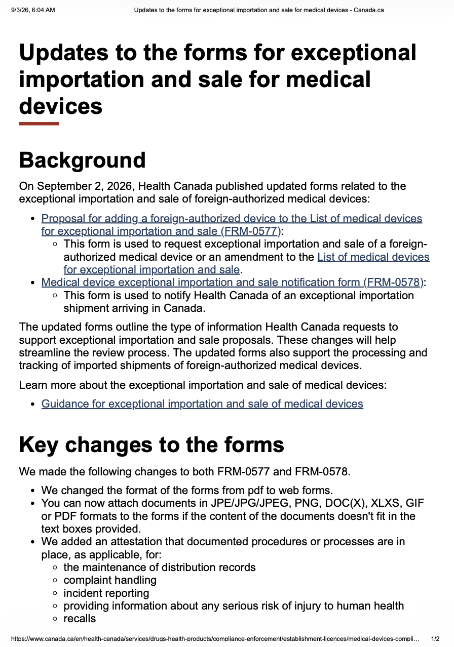 Health Canada Updates Forms for Exceptional Importation and Sale of Medical Devices