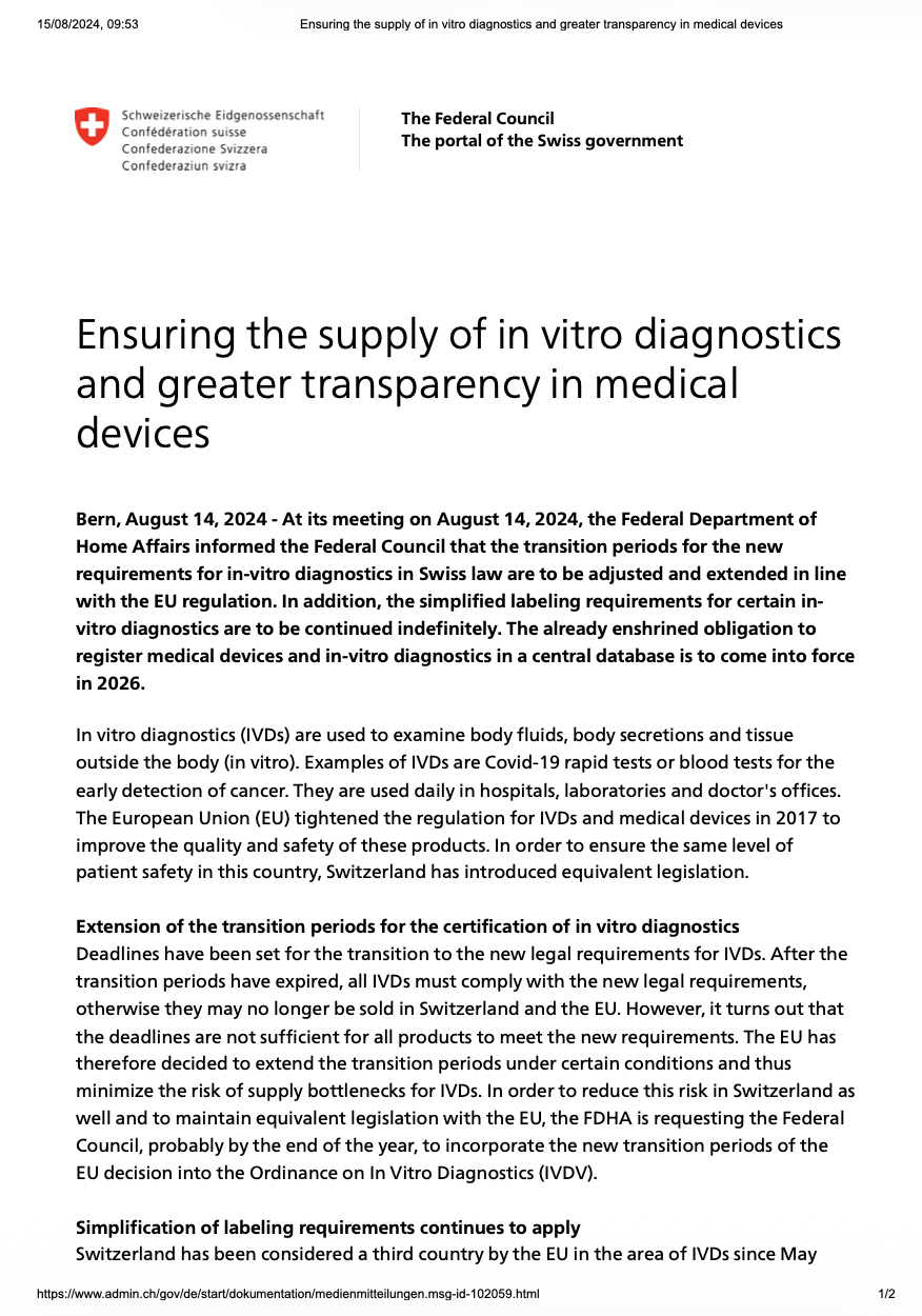 Swiss Federal Council Announces Measures on IVD Supply and Medical Device Transparency