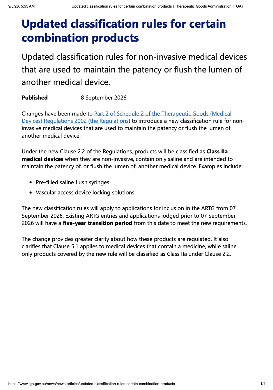 TGA Updates Classification Rules for Certain Combination Products